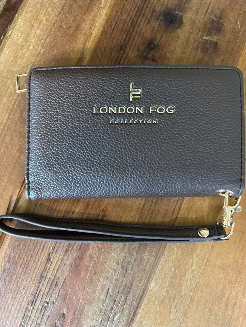 London Fog Chocolate Brown Pebbled Wristlet Wallet with Gold Logo